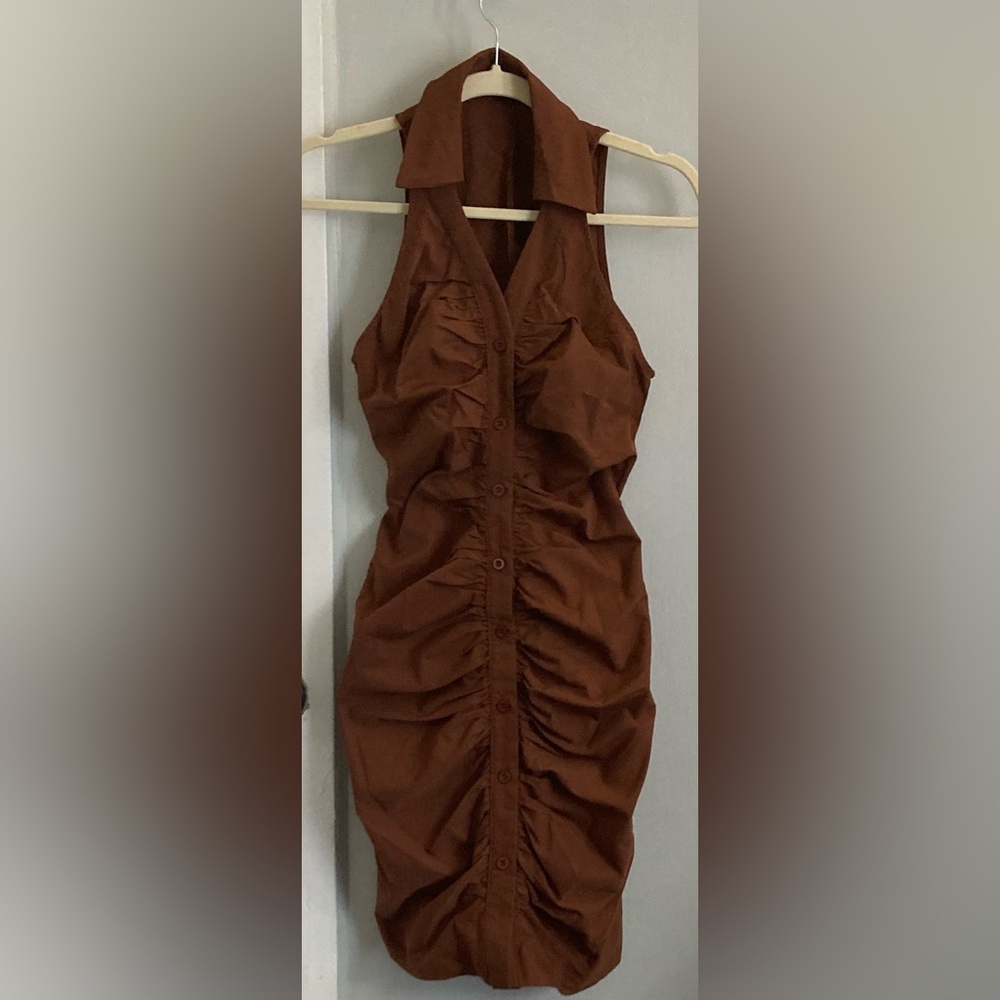 Brown Sleeveless Collared Button Down Ruched Dres… - image 2